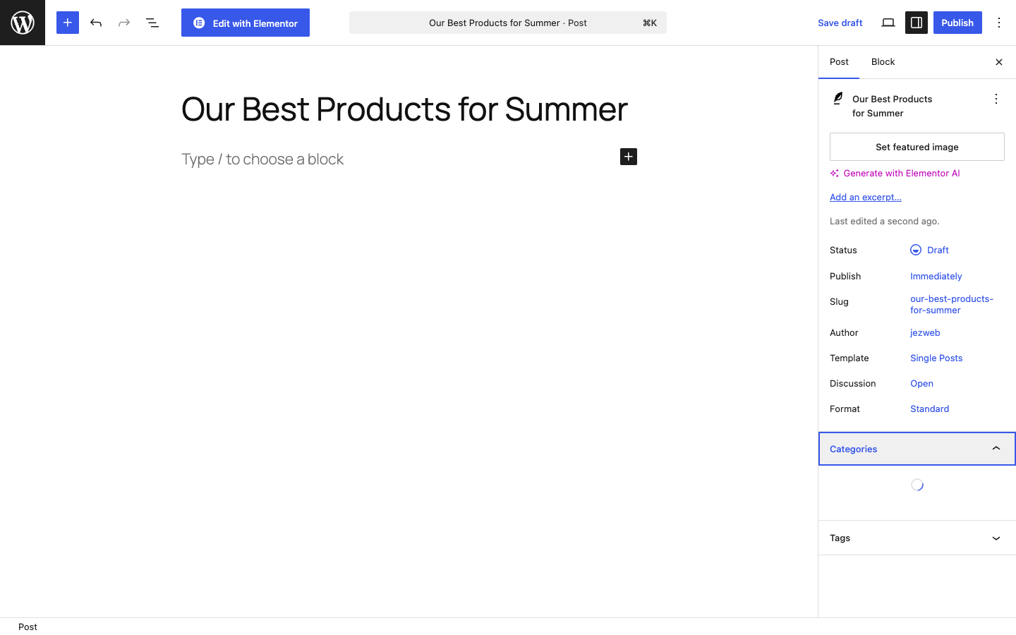 New post editor with title field, content area, and Publish button