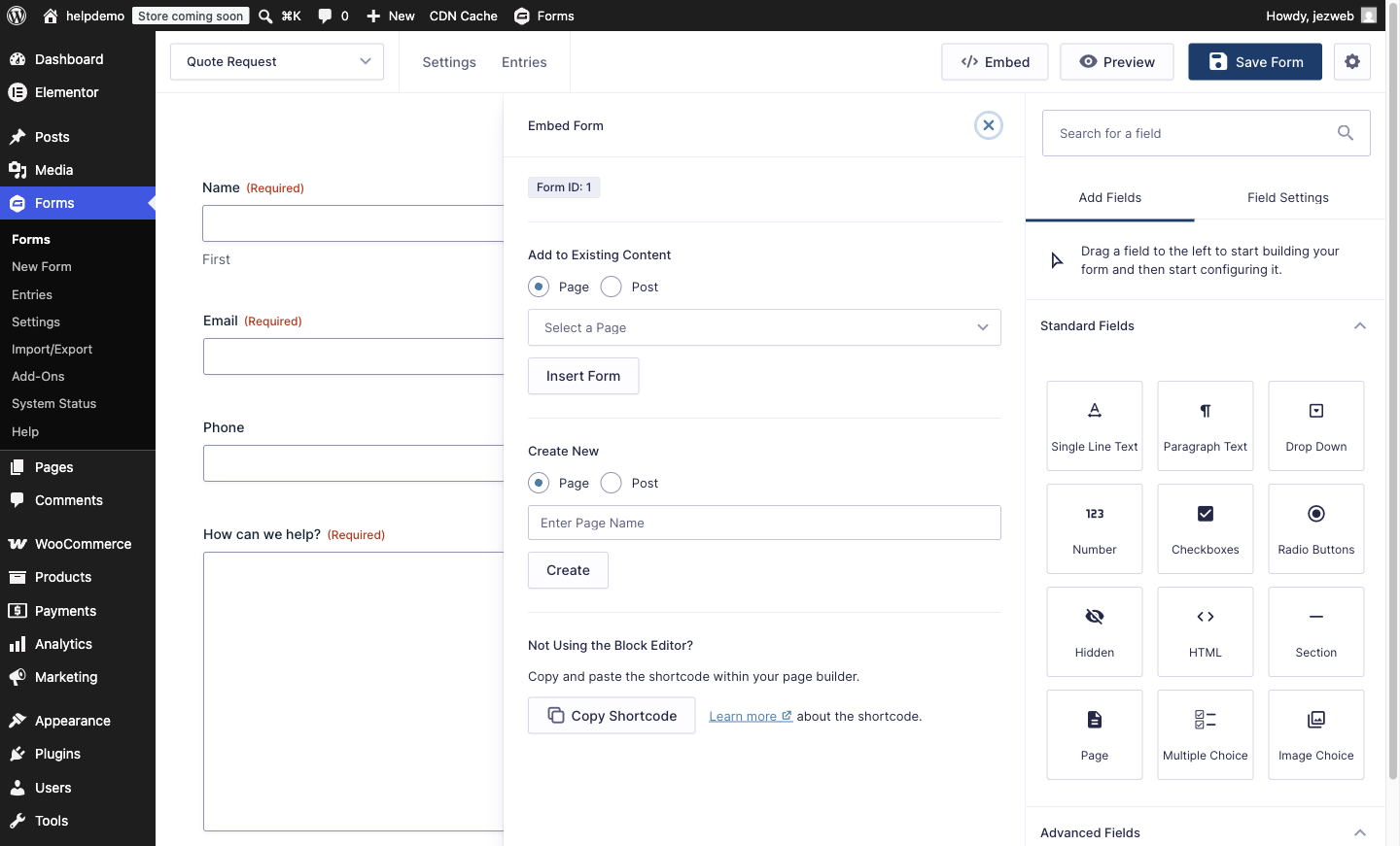 The Embed flyout in the Gravity Forms editor offering existing page, new page and shortcode options