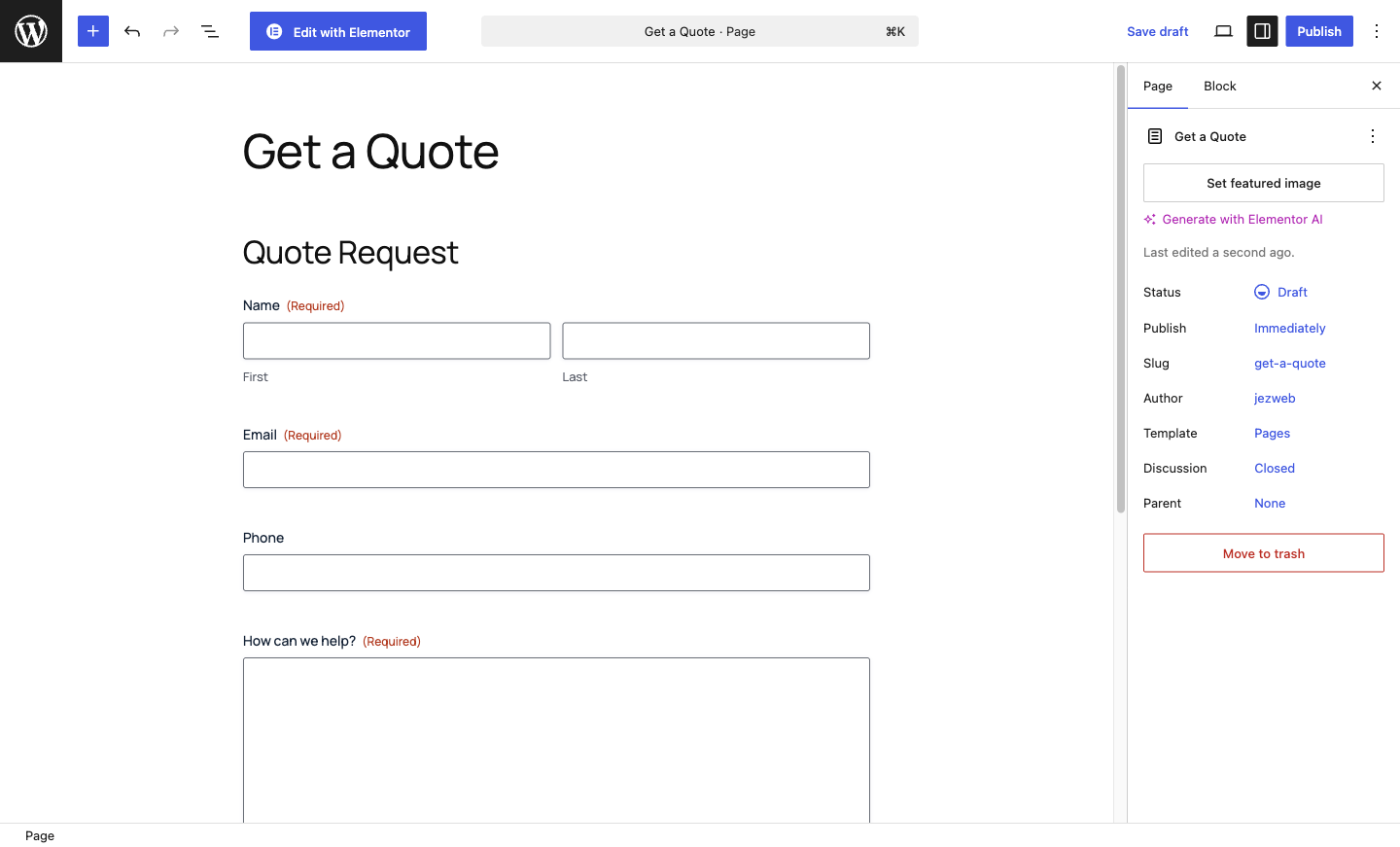 The Gravity Forms block in the WordPress block editor with the form displayed on the page