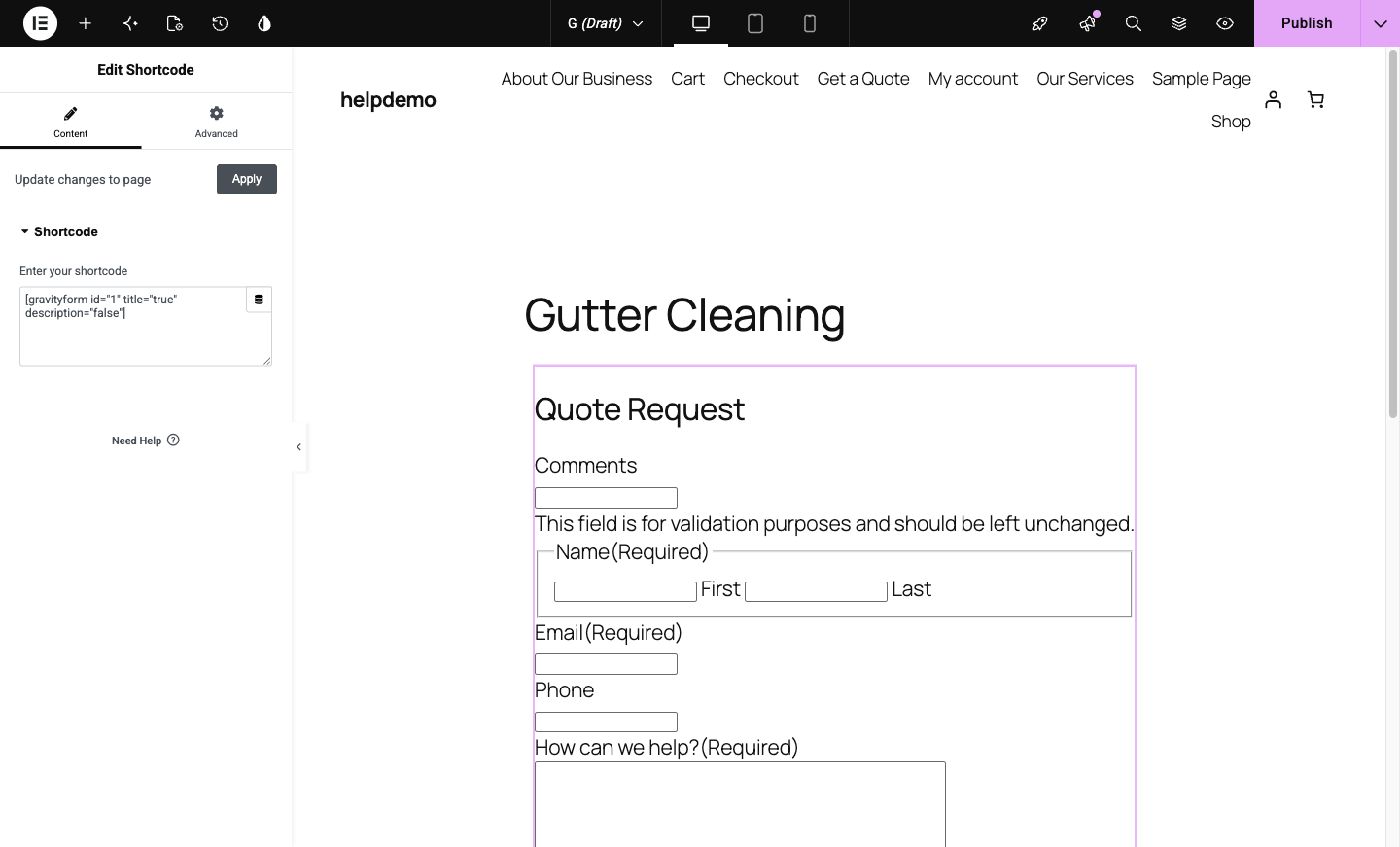 The Elementor Shortcode widget rendering a Gravity Forms quote form on the canvas