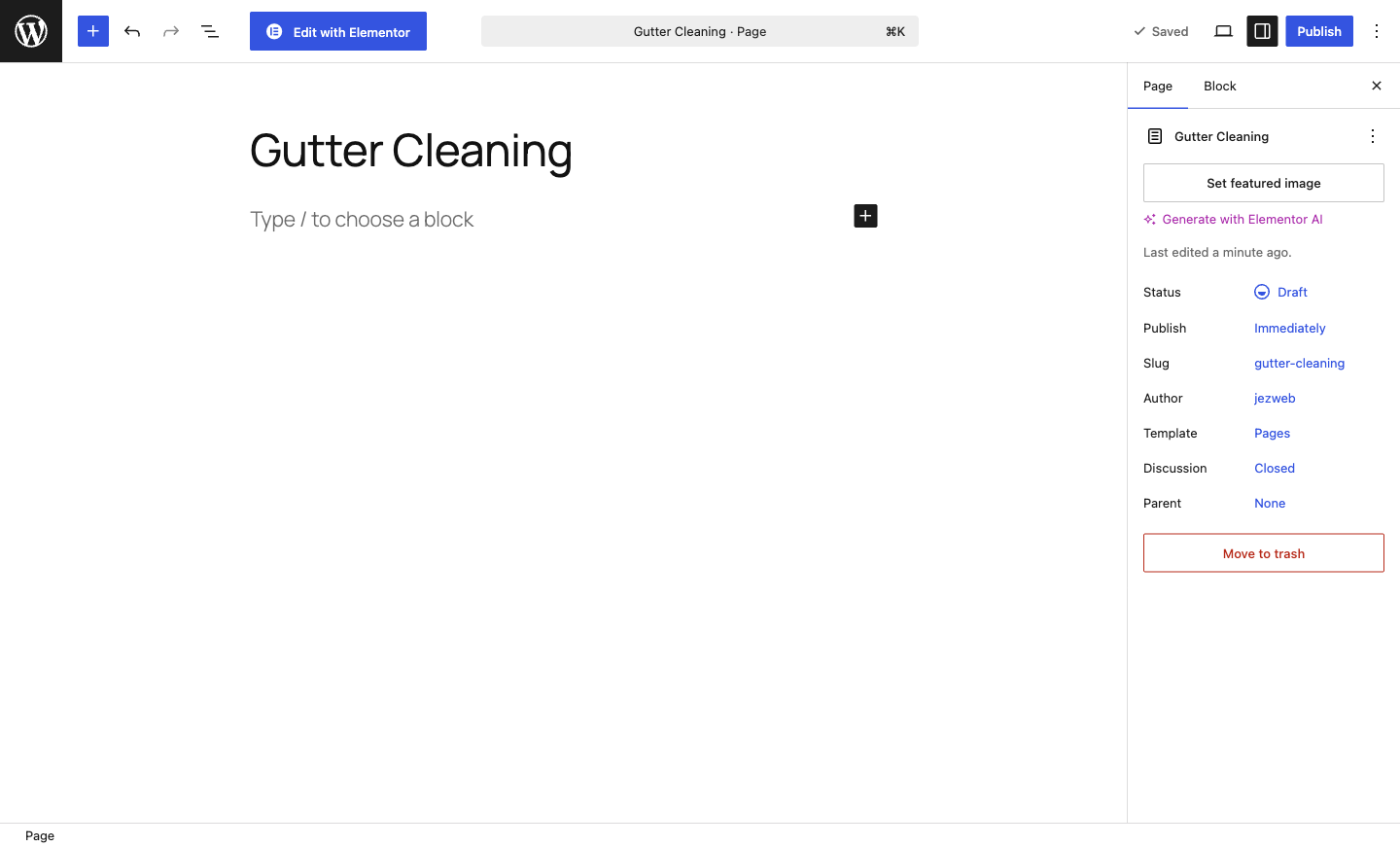 A new page in WordPress with a title typed and the Edit with Elementor button at the top