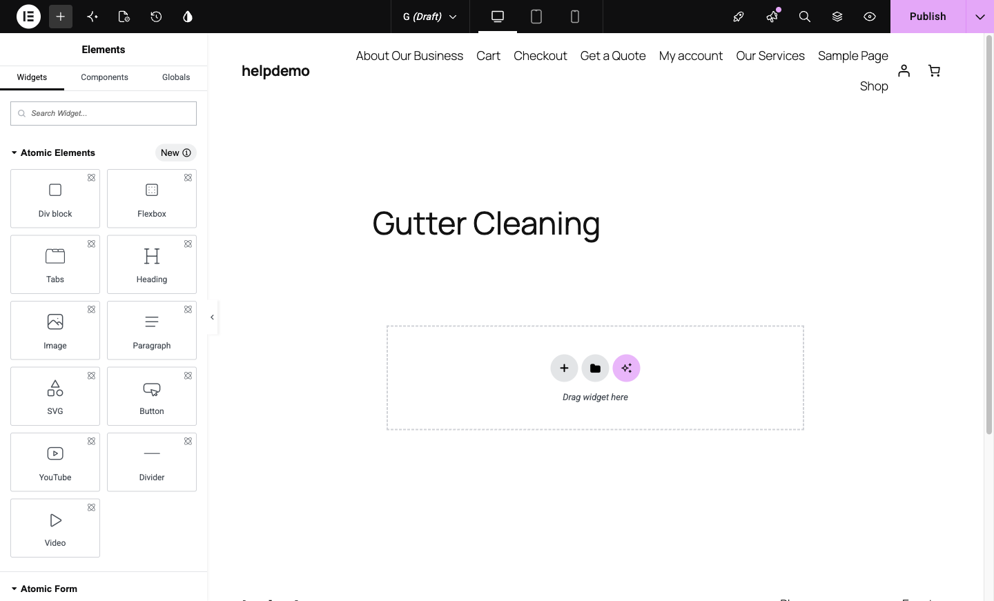 The new page open in Elementor with an empty canvas, site header and footer in place