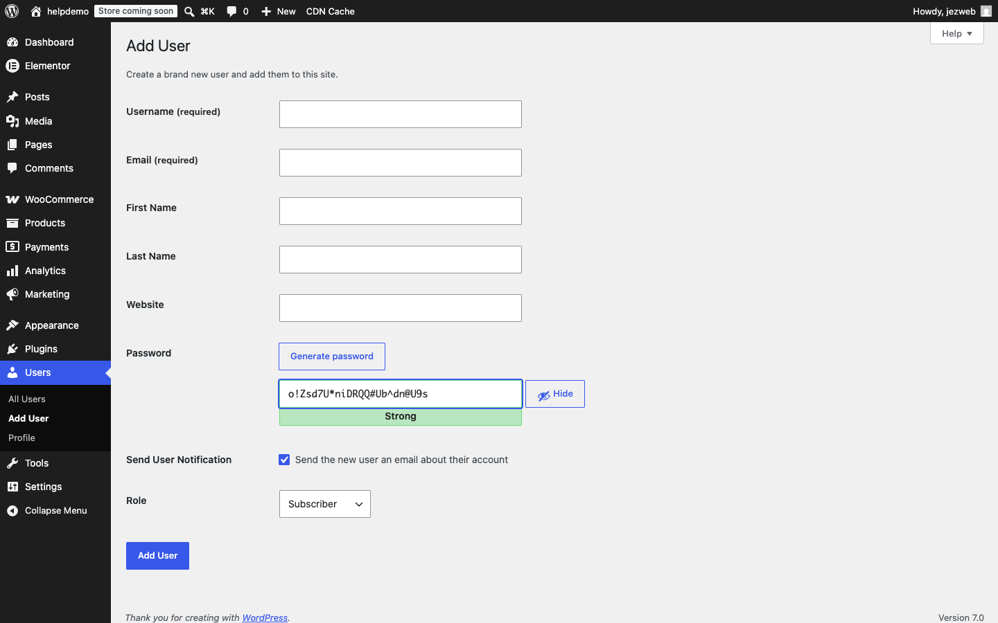 Add New User form with all fields and Role dropdown showing Subscriber
