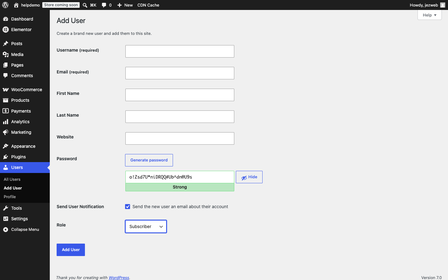 Role dropdown open showing all WordPress roles