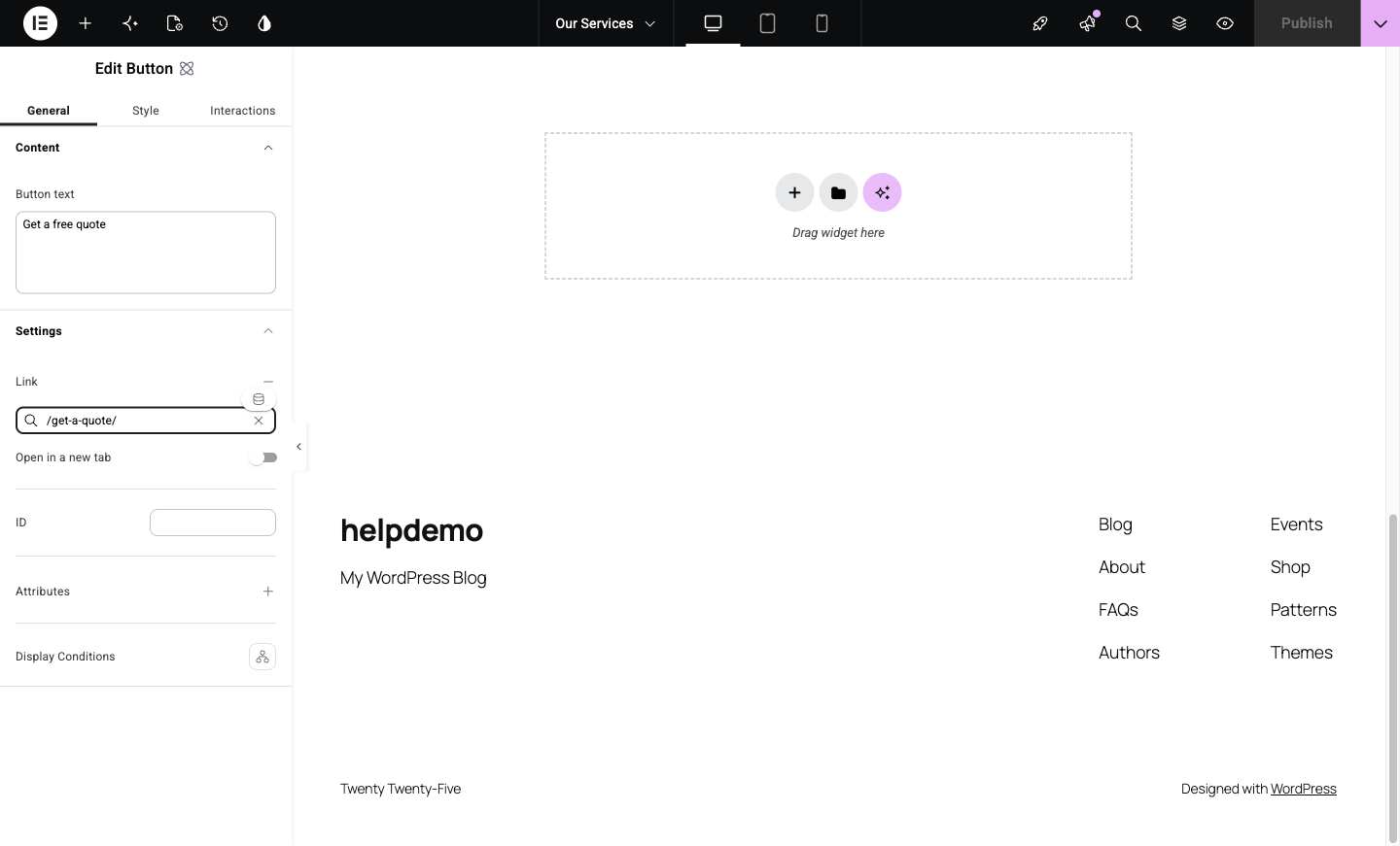 The + button for adding a new container on the Elementor canvas