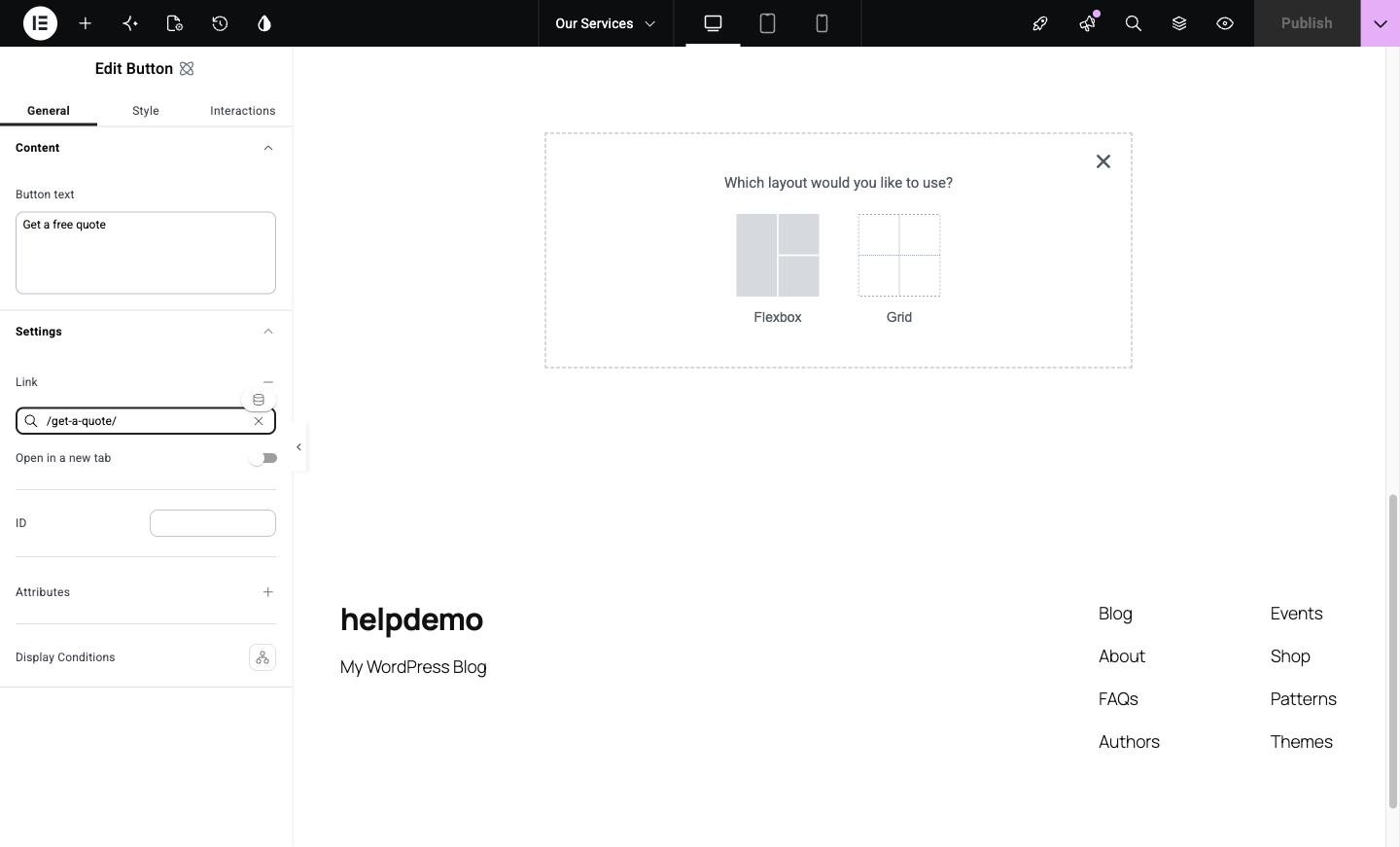 Elementor asking which layout to use, with Flexbox and Grid options