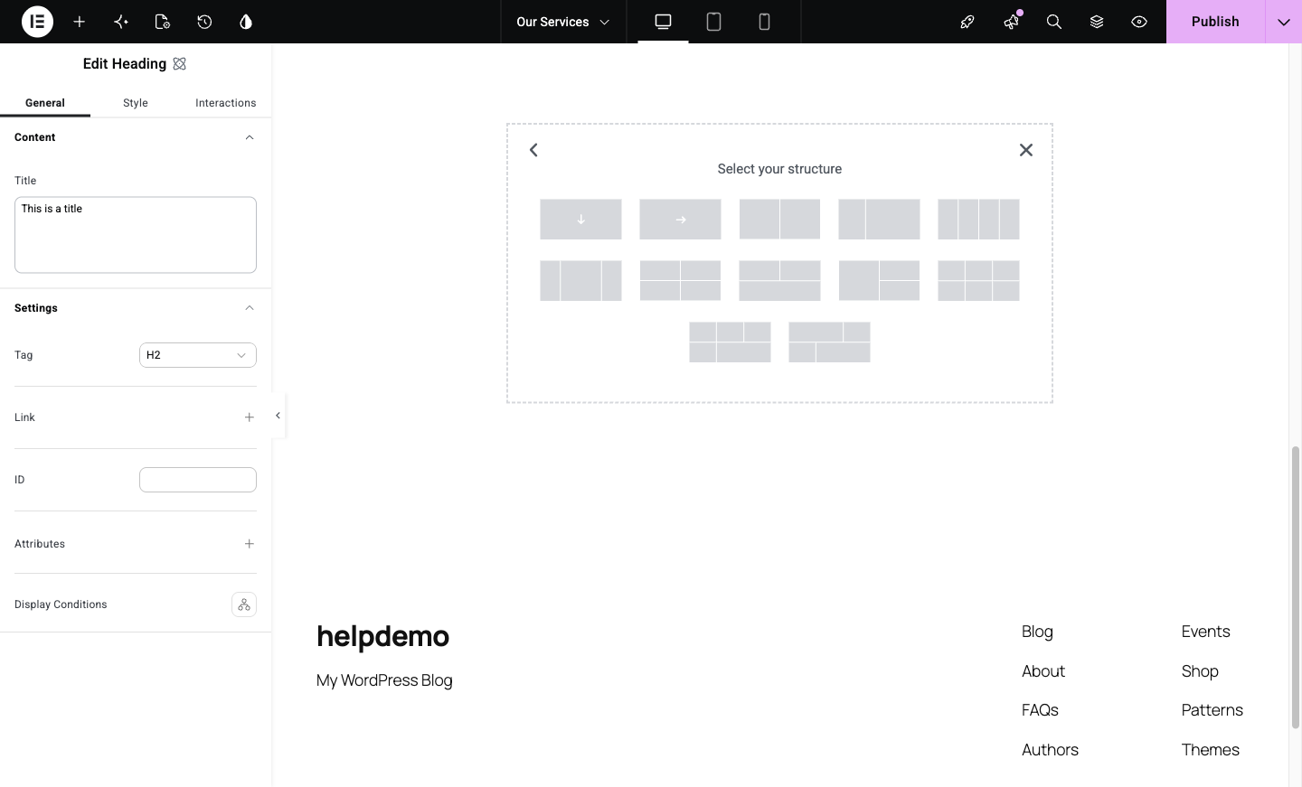 The structure picker showing single and multi-column container shapes