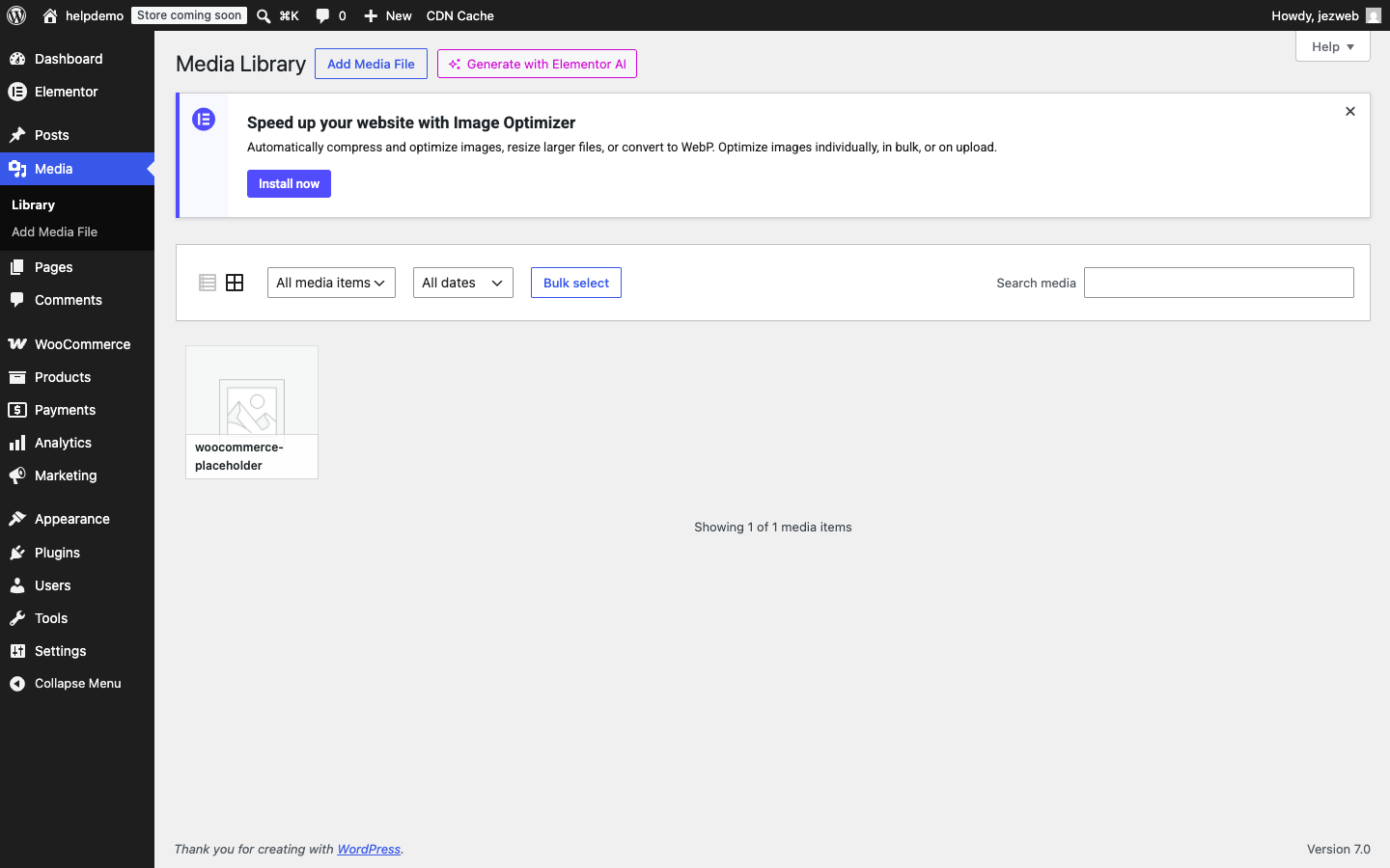 Media Library showing Upload button and existing files
