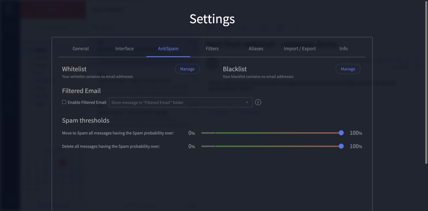 The AntiSpam settings tab showing Whitelist and Blacklist with Manage buttons, and the spam threshold sliders