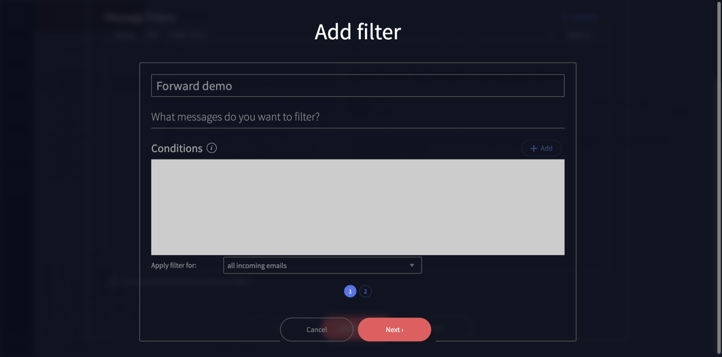 The add-filter form with a name entered, applying to all incoming emails