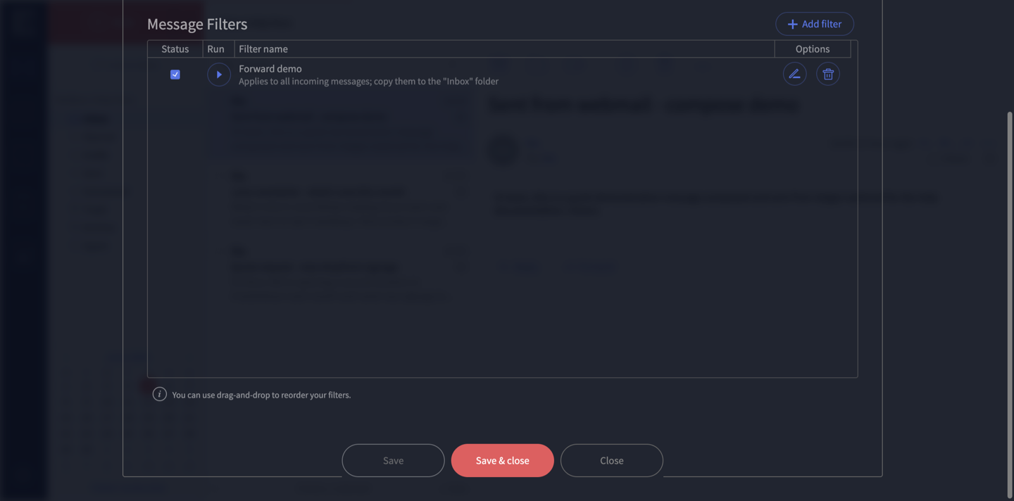 The filters list showing a saved filter that copies incoming mail to the Inbox
