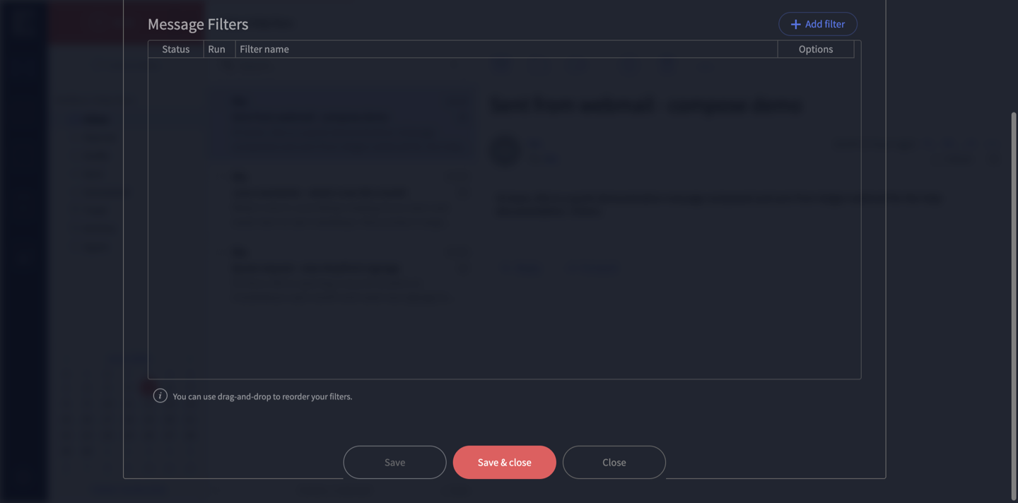 The Message Filters tab with the Add filter button