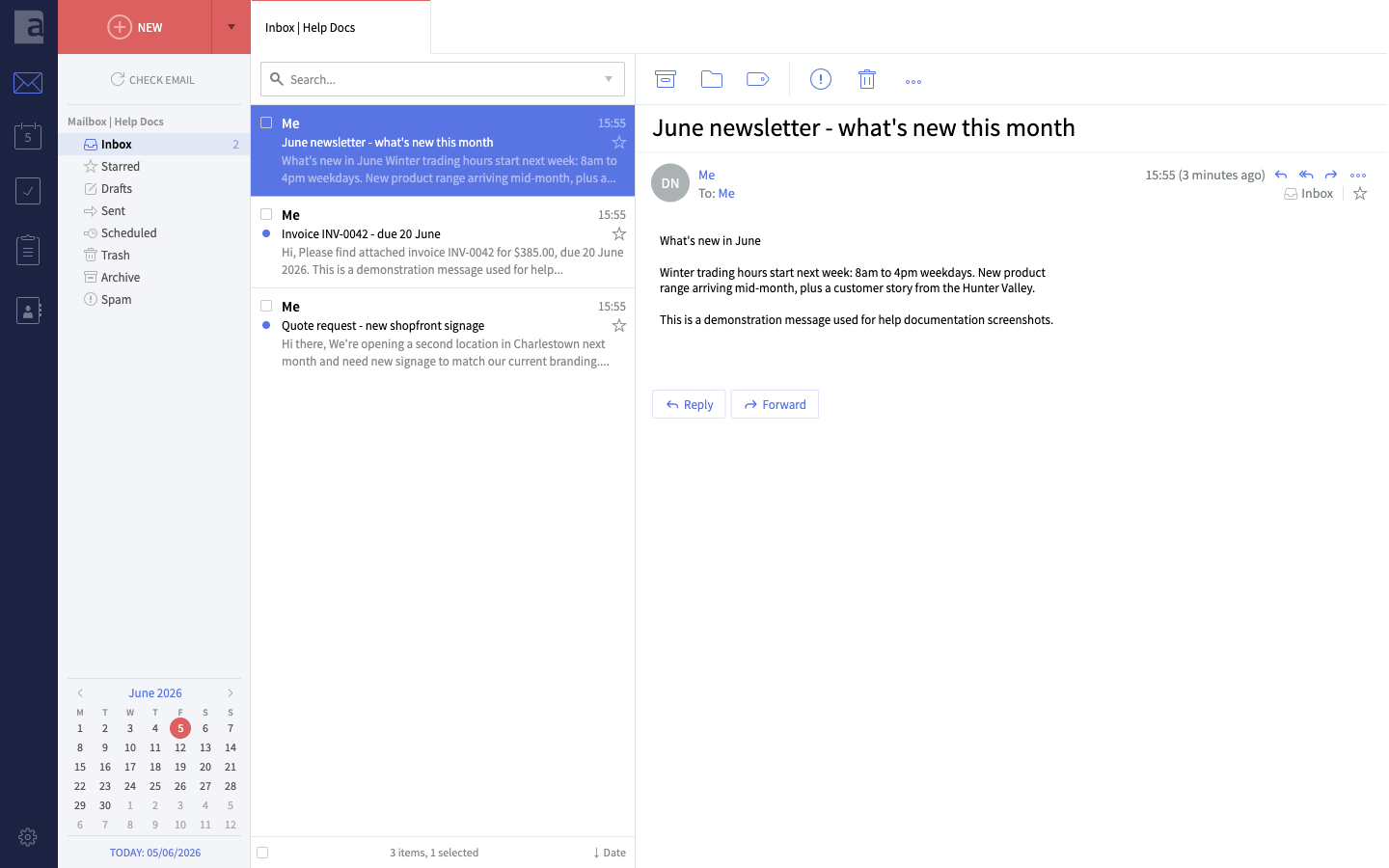 The webmail inbox: folders on the left, message list, and reading pane