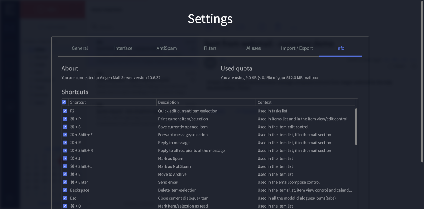 The Info settings tab showing the keyboard shortcuts table