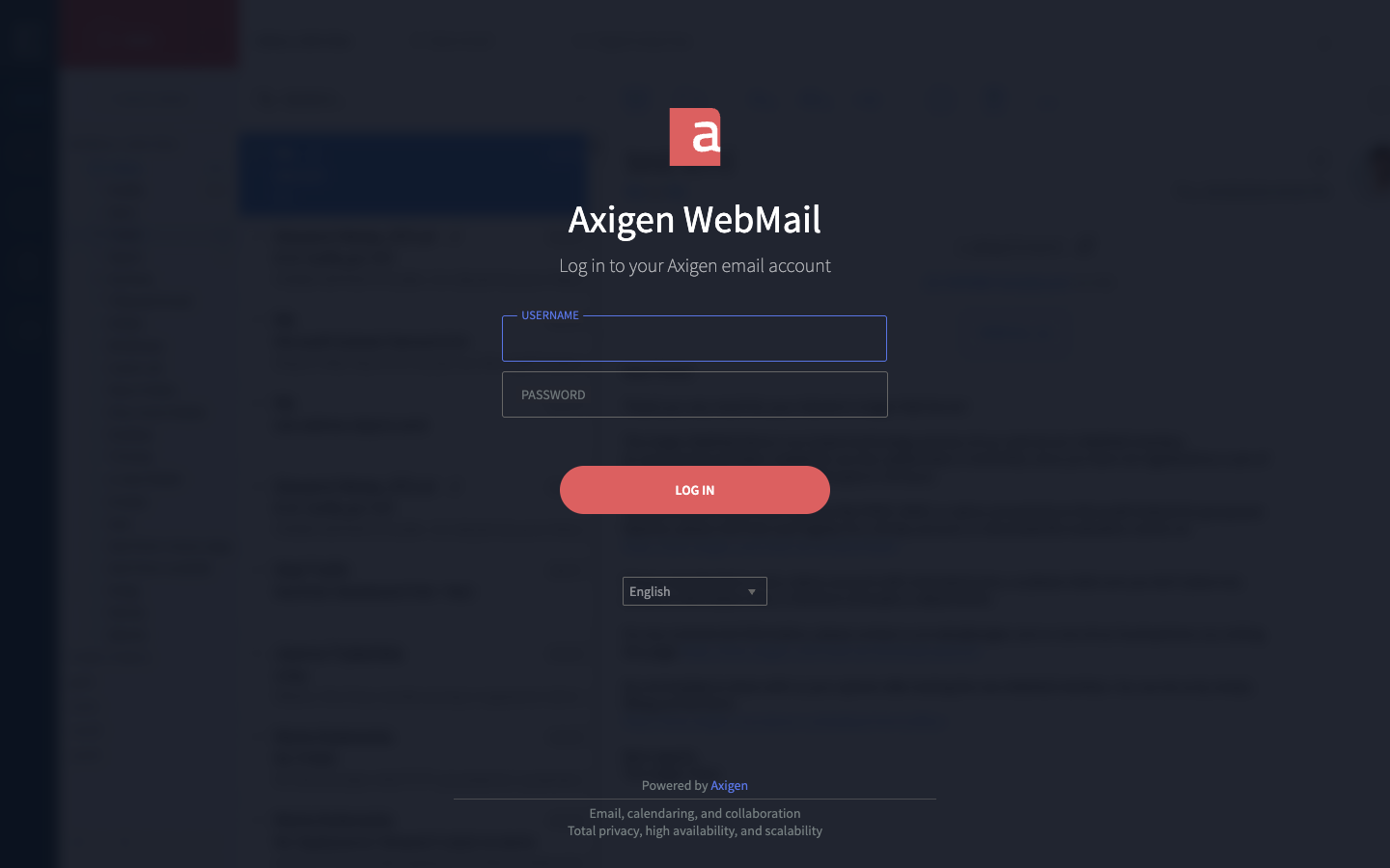 Axigen WebMail login screen
