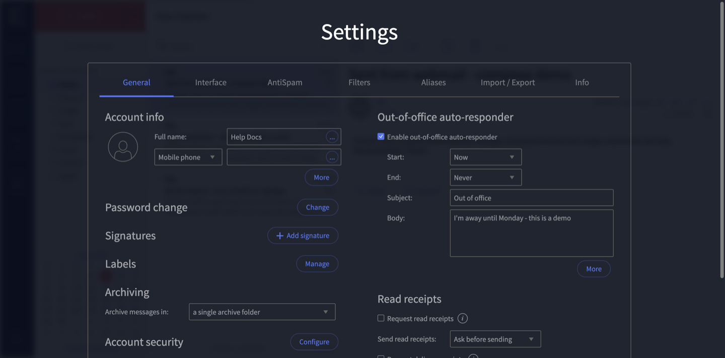 Out-of-office auto-responder enabled and filled in on the General settings tab
