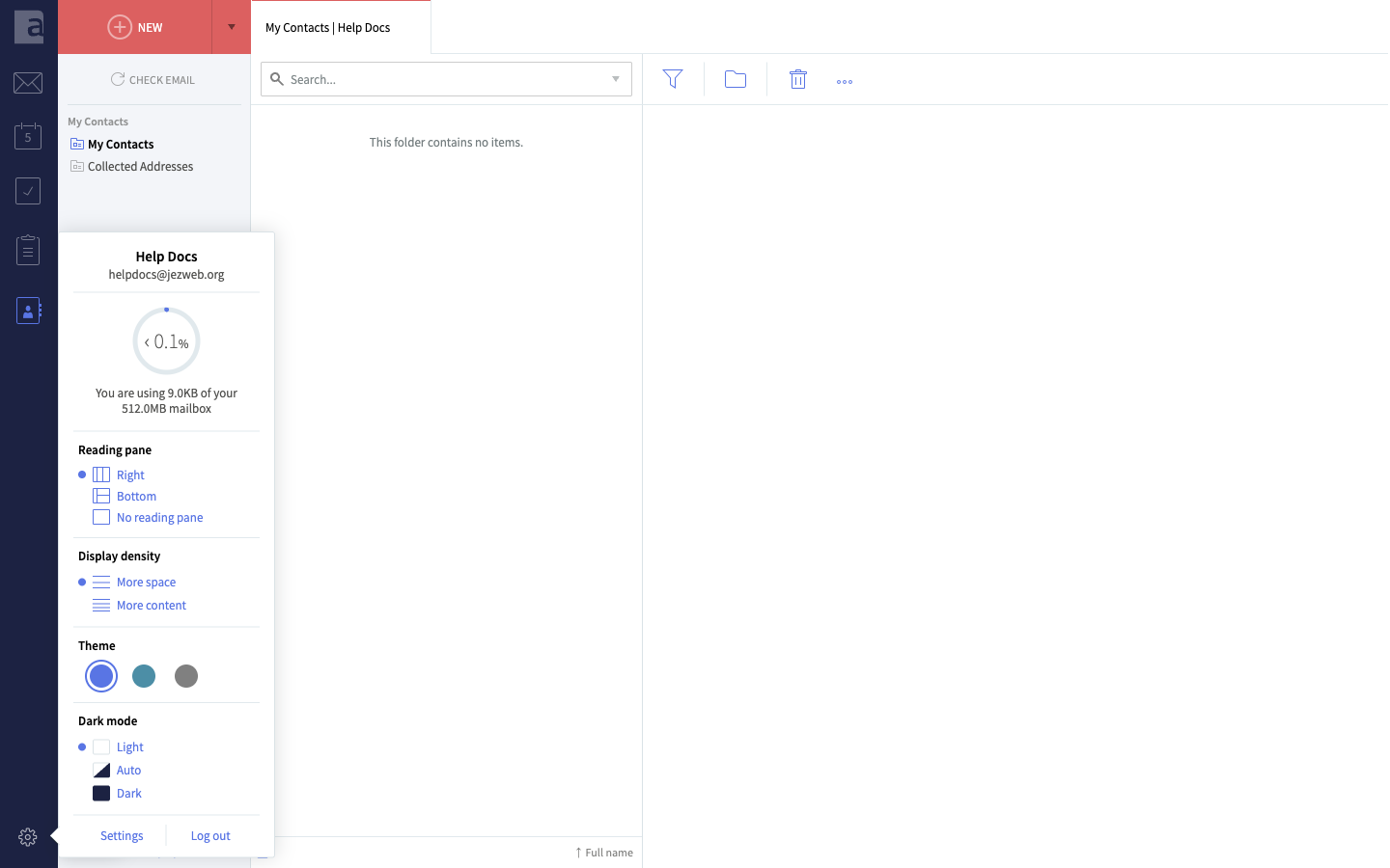 The cog quick menu showing reading pane, display density, theme and dark mode options