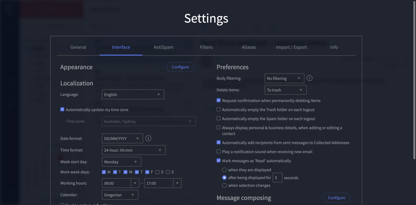 The Interface settings tab showing Appearance, Localization and Preferences