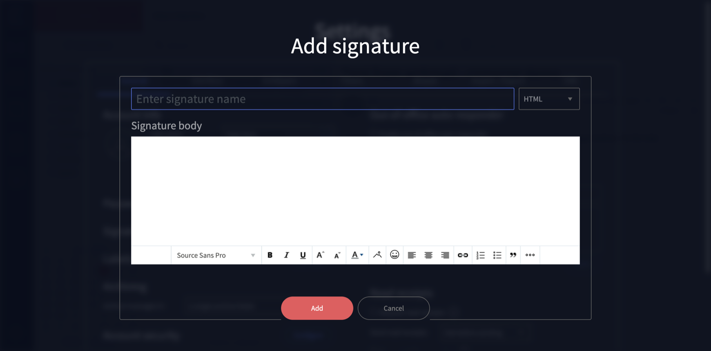 The Add signature dialog with a name field and a rich-text signature body editor