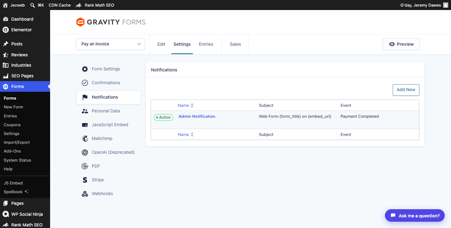 Gravity Forms notifications list showing the Admin Notification rule