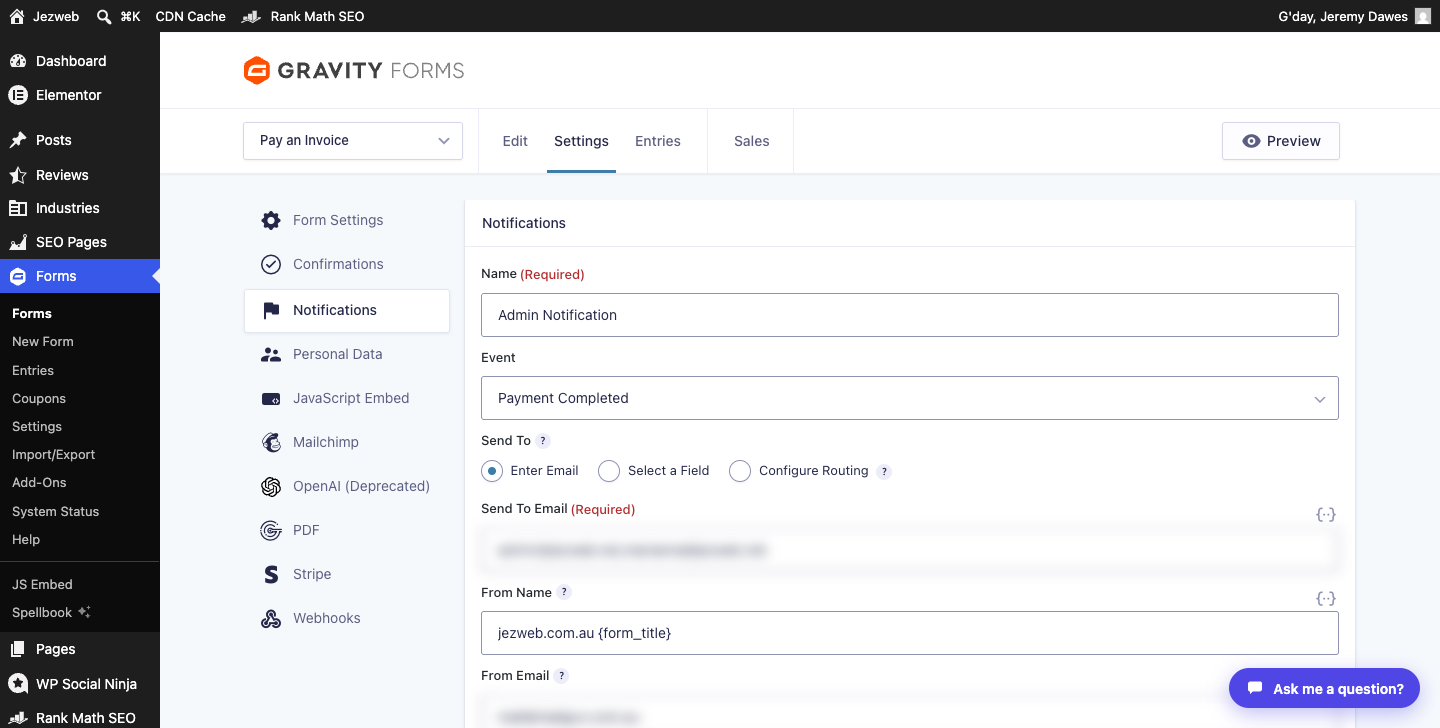 Gravity Forms notification edit screen showing the Send To Email field