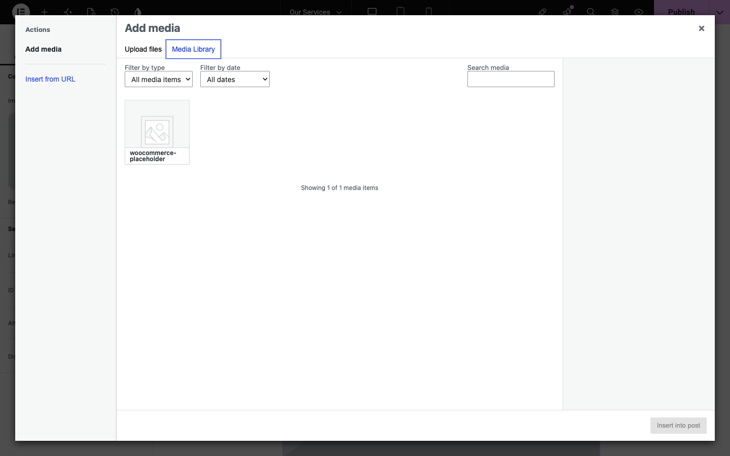 Add media window with the Media Library tab active, showing one existing image