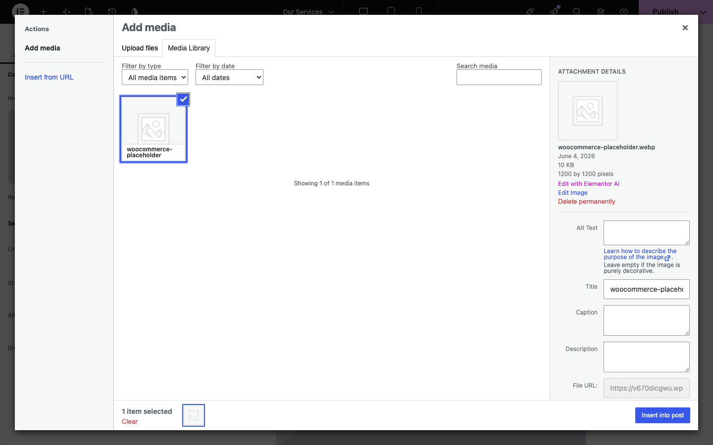Media library with an image selected showing blue border and checkmark, attachment details on the right, Insert into post button at the bottom