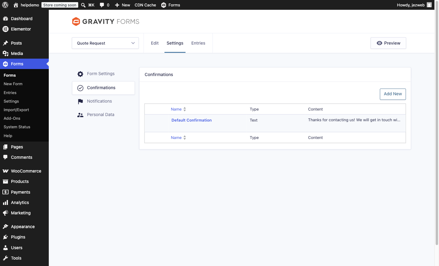 The Confirmations settings list showing the Default Confirmation entry