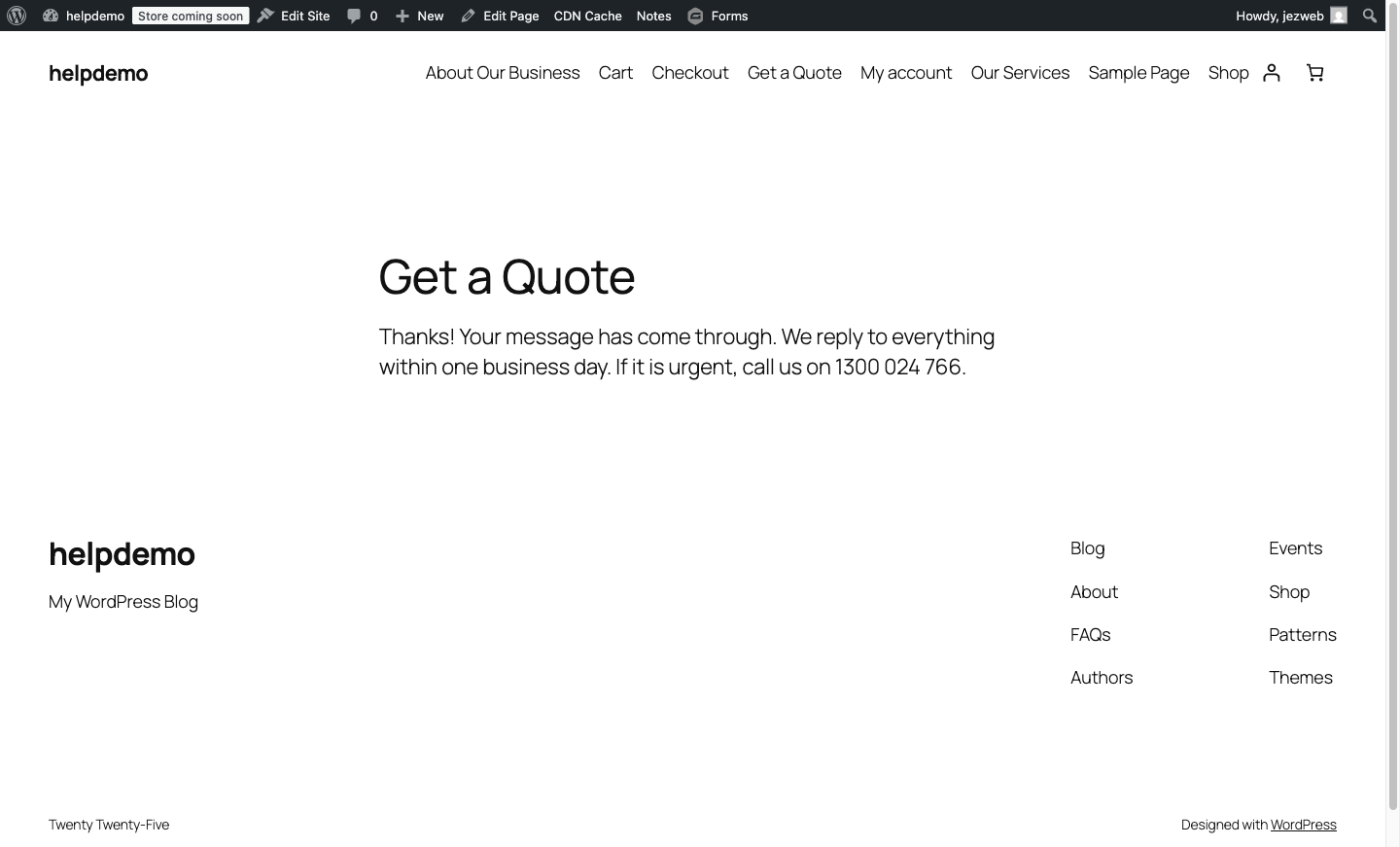 The live page showing the custom thank-you message after submitting the form