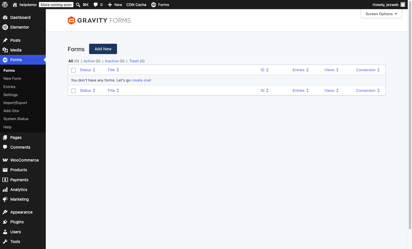 WordPress Forms menu open showing the New Form link