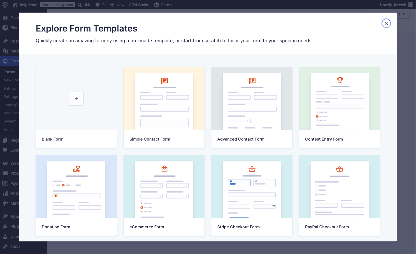 Gravity Forms template picker with Blank Form selected and the form title filled in