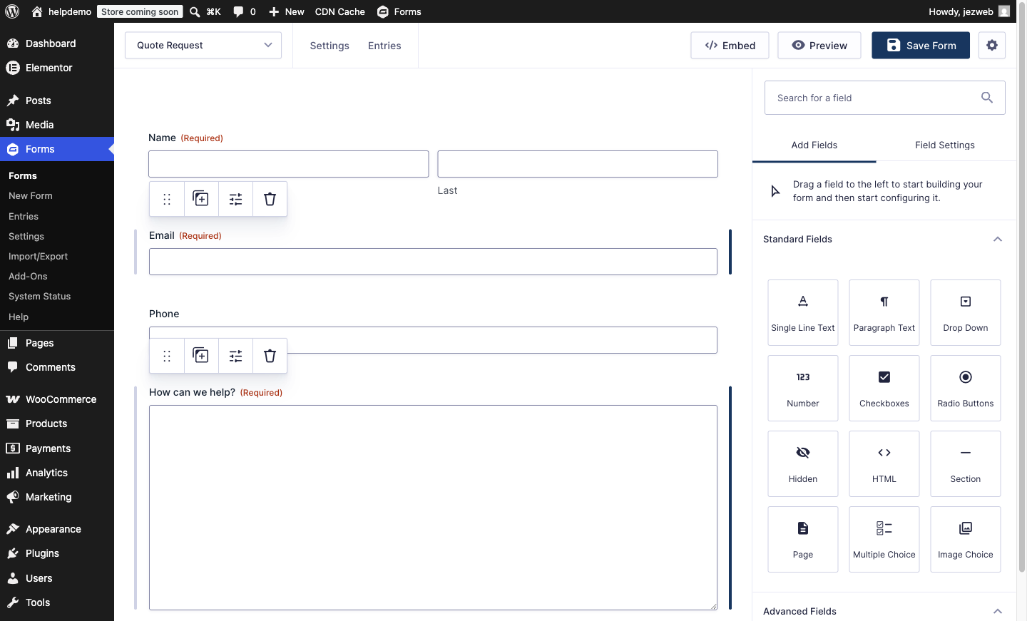 Gravity Forms editor with name, email, phone and message fields on the canvas and the Add Fields panel on the right