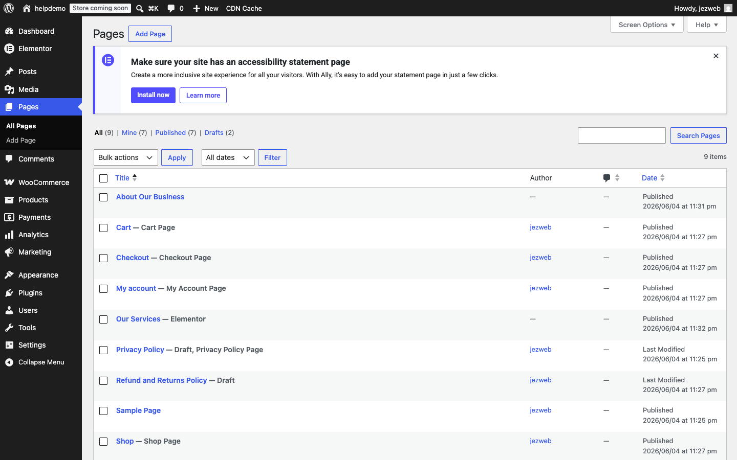 WordPress Pages list showing all pages on the site