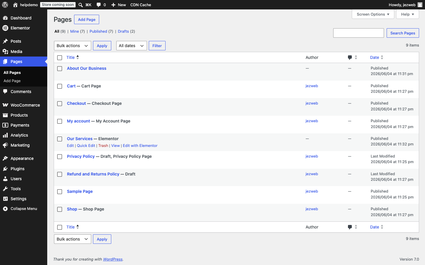 Pages list with the Our Services row hovered, showing Edit with Elementor link