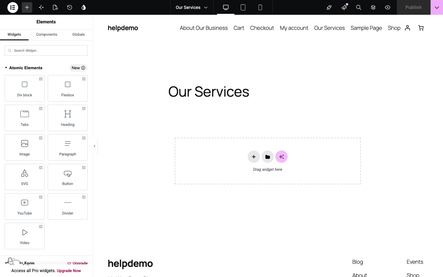 Elementor editor: widget panel on the left, page canvas on the right with a Drag widget here area
