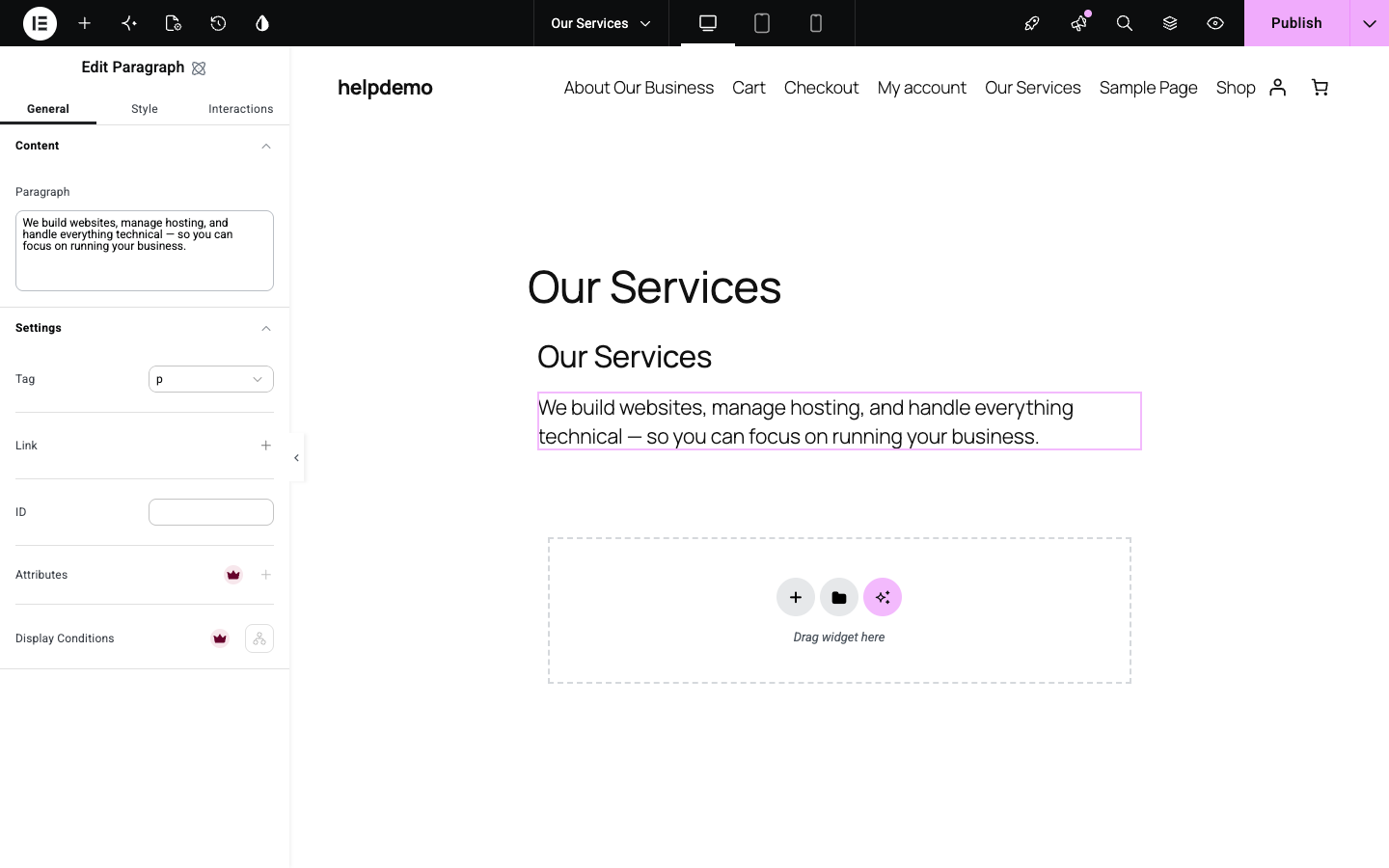 Elementor editor showing a heading and paragraph on the canvas, with the Publish button highlighted top-right