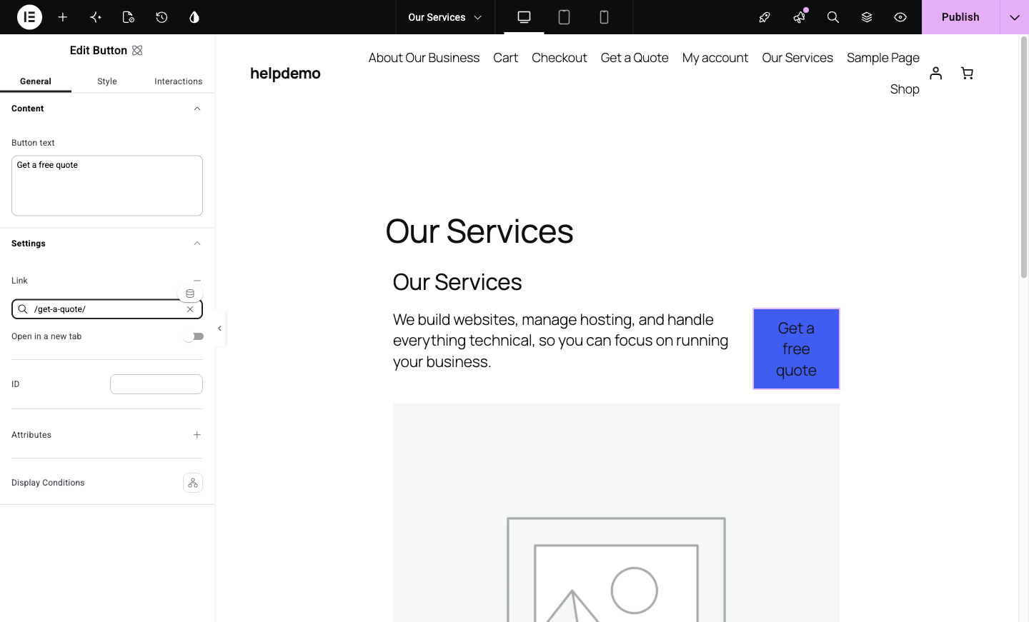 The button Link field with a page address entered and the Open in new tab option