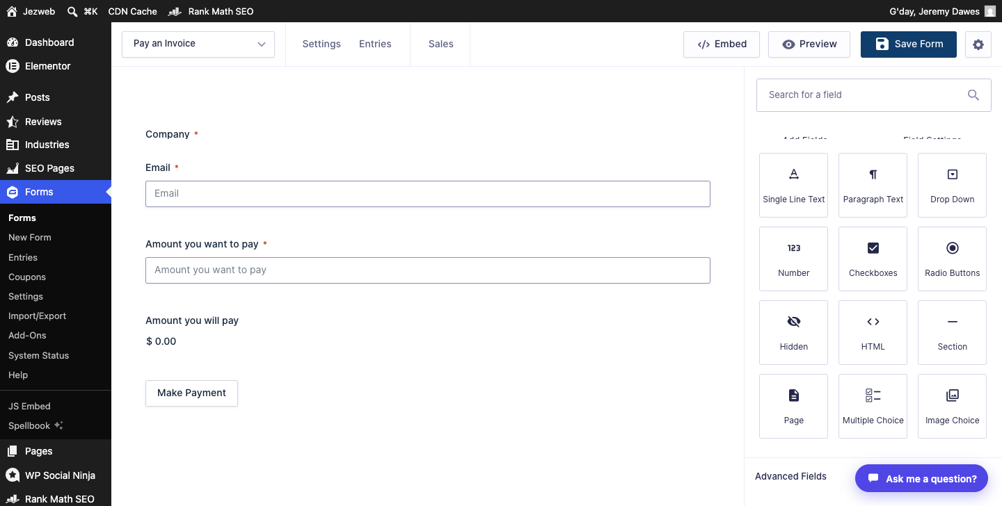 Gravity Forms editor canvas with field list and Add Fields panel