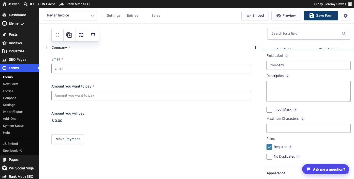 Gravity Forms field settings panel showing label and required options