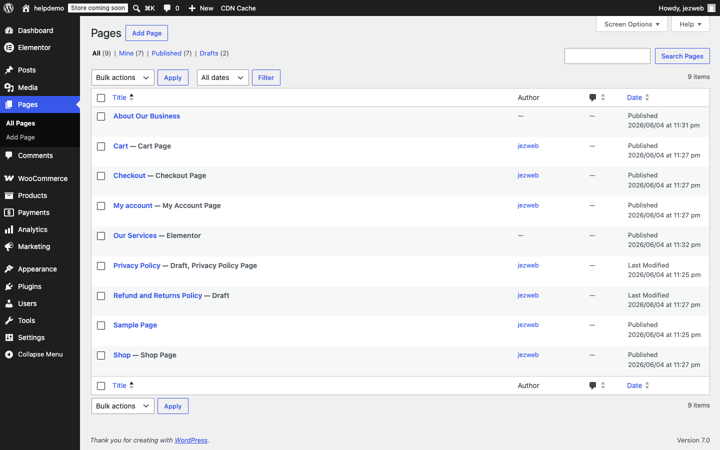 Pages list showing all site pages