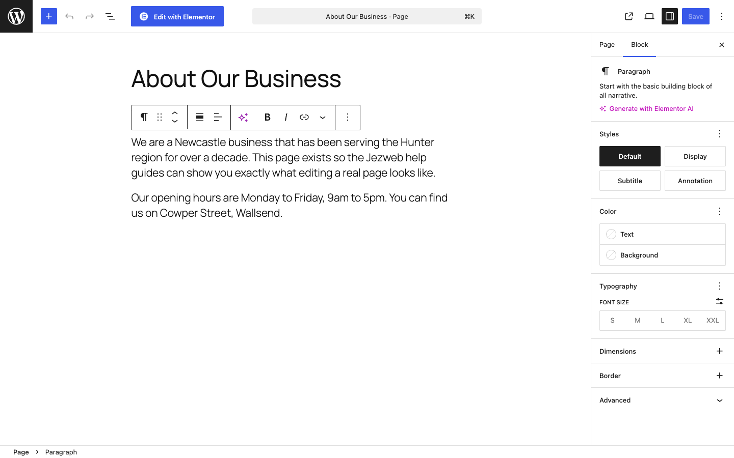 Block editor with a paragraph selected and toolbar visible