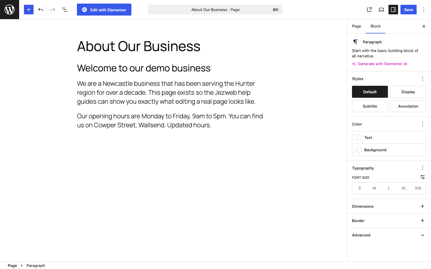 Block editor with Save button highlighted top-right