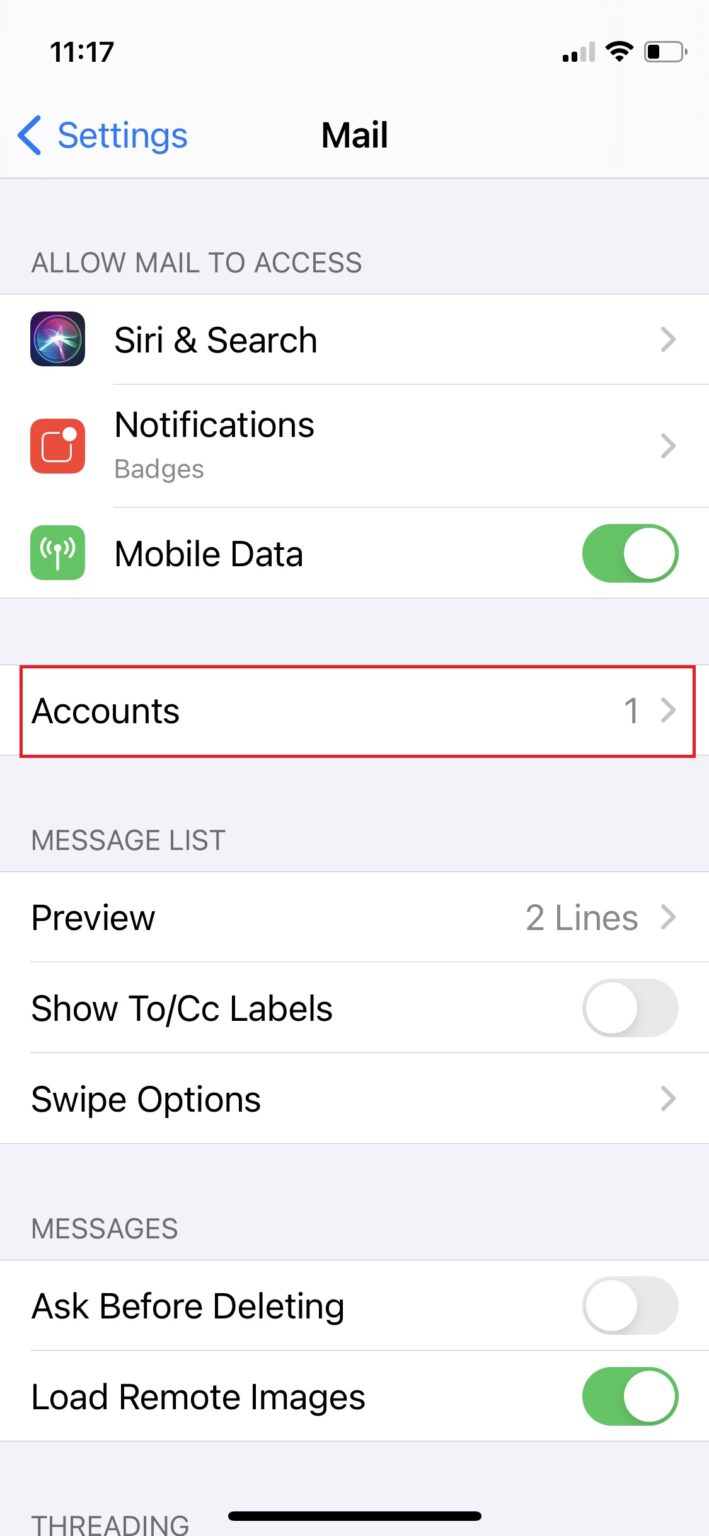 Mail settings with Accounts highlighted