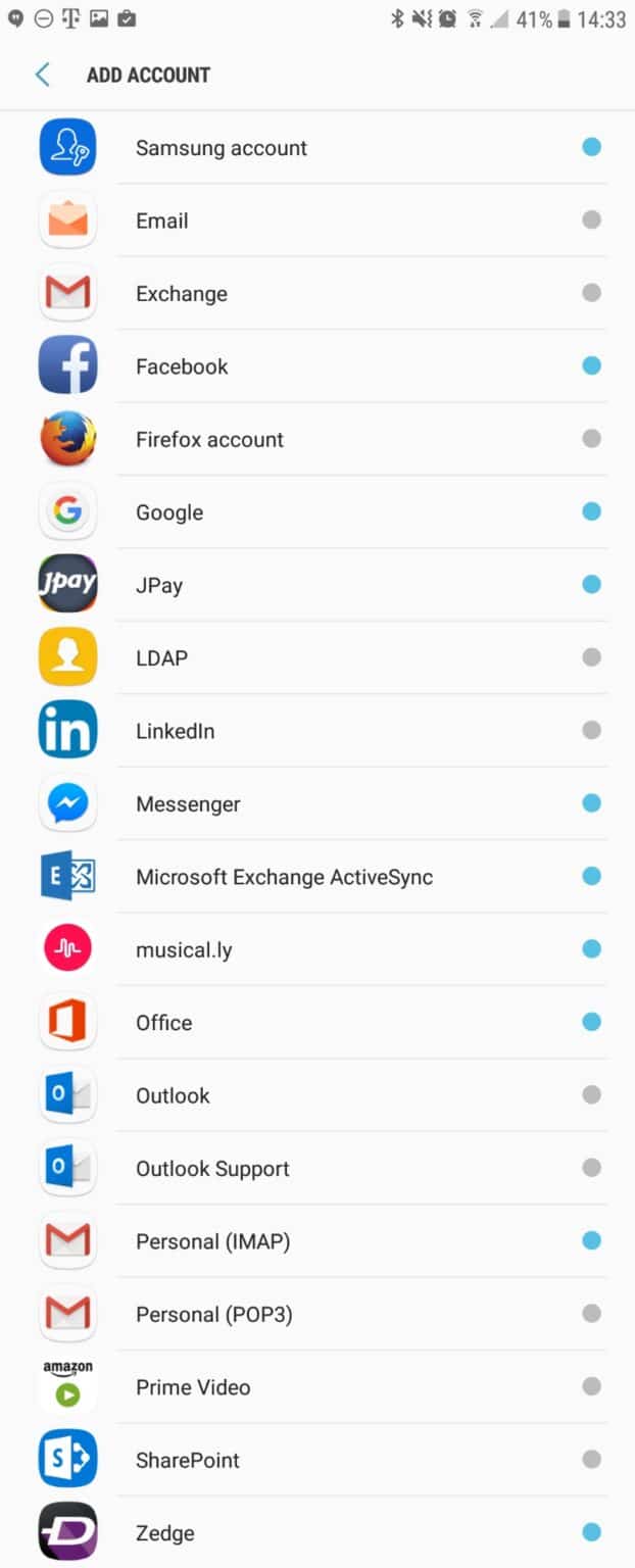 Add Account screen showing account type options