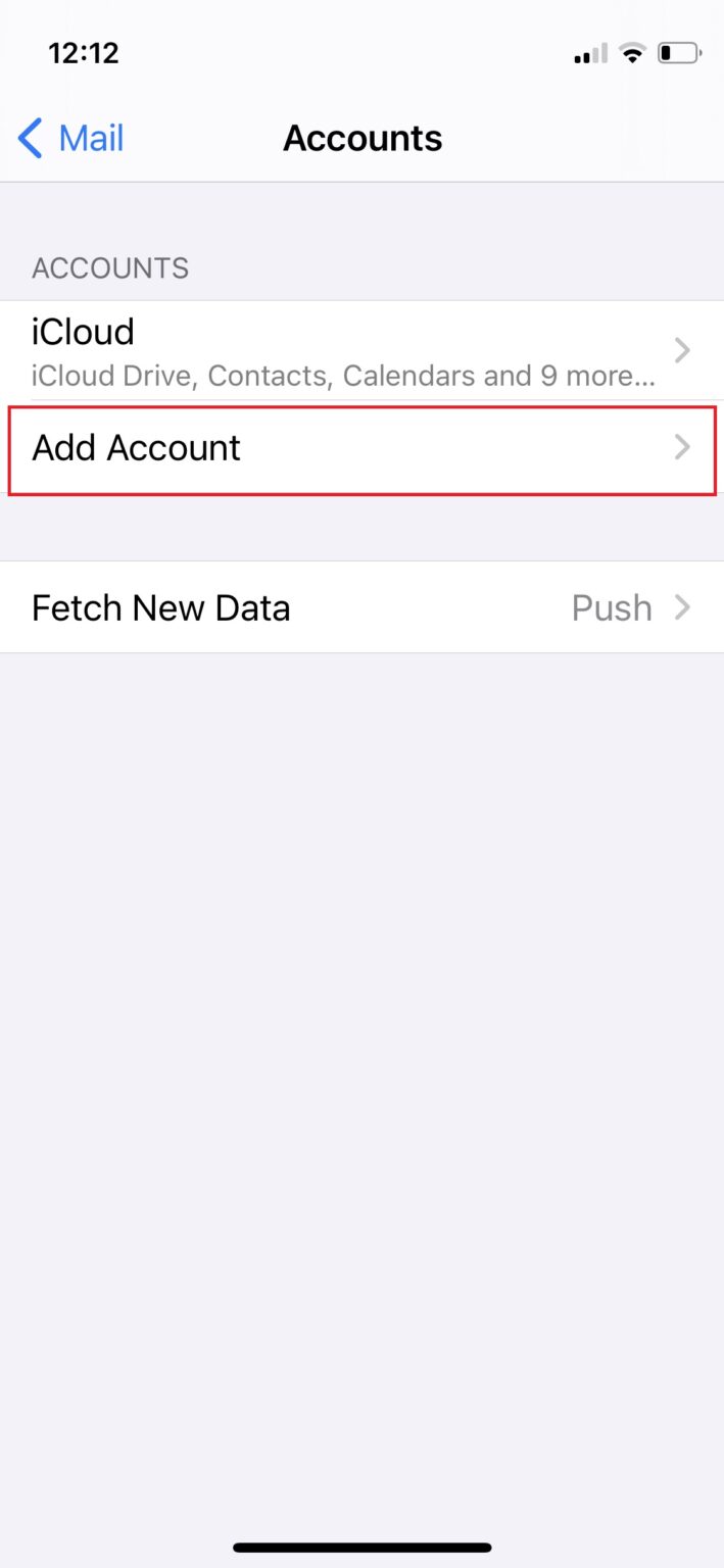 Accounts screen with Add Account highlighted