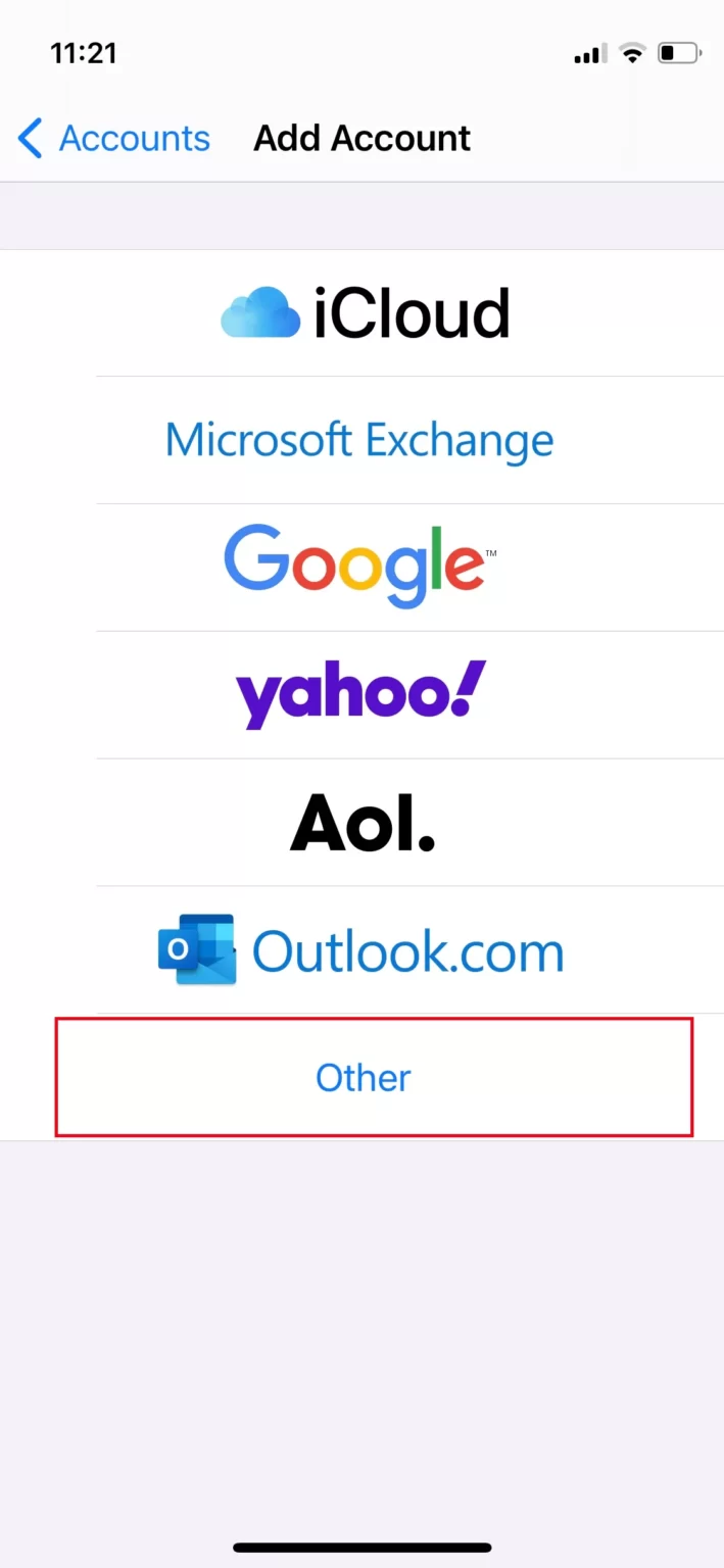 Add Account screen with Other highlighted
