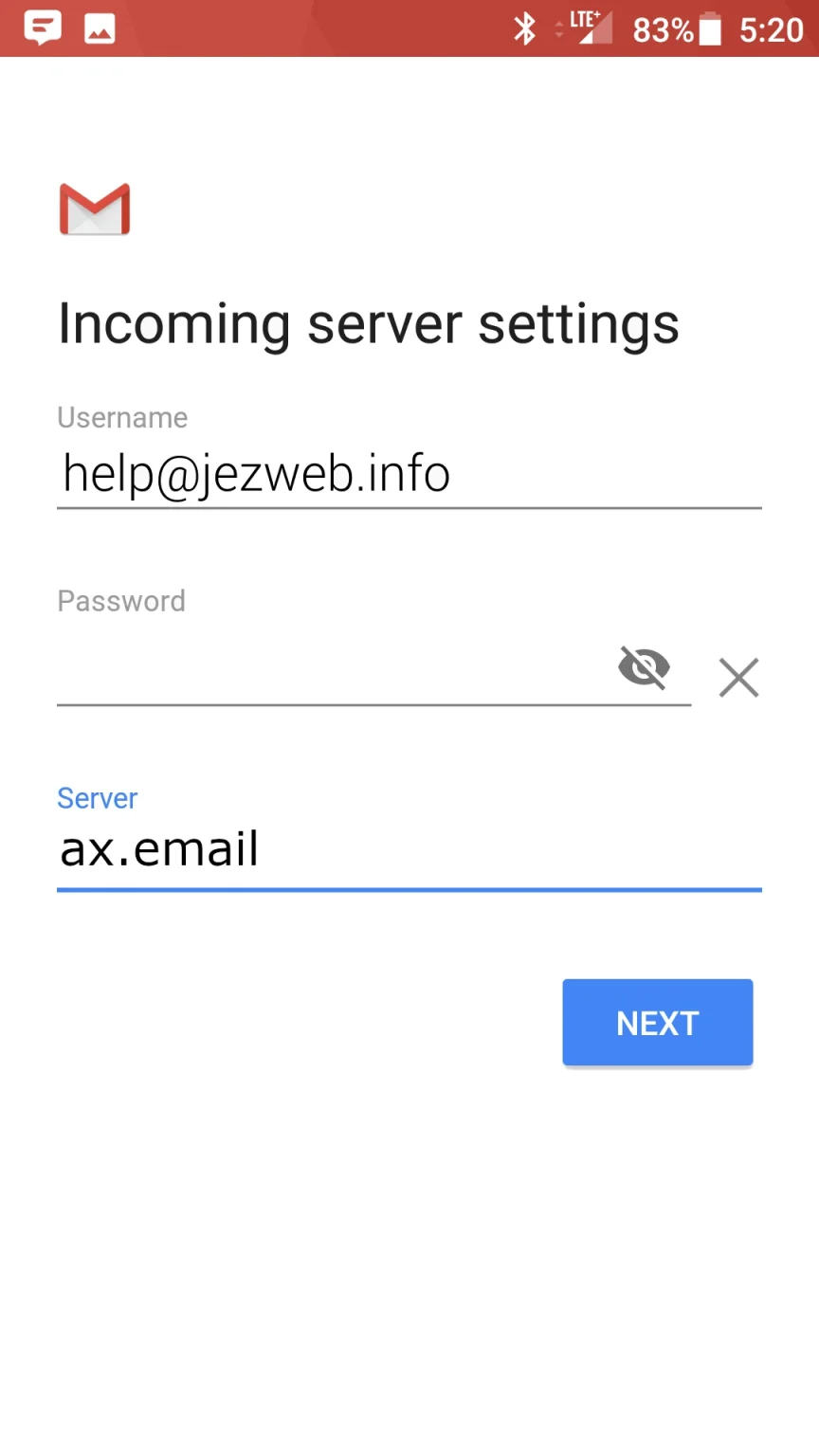 Incoming server settings screen