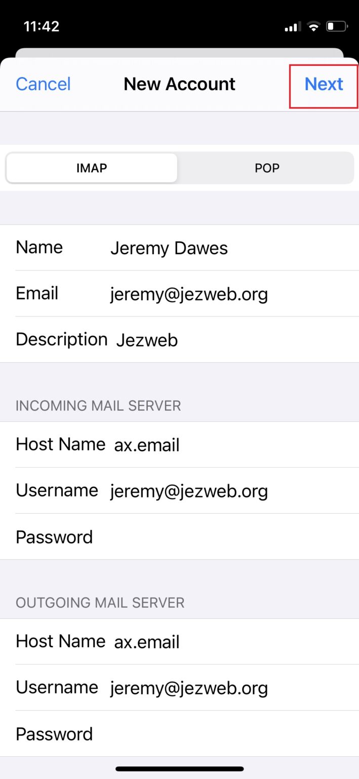 IMAP server details form