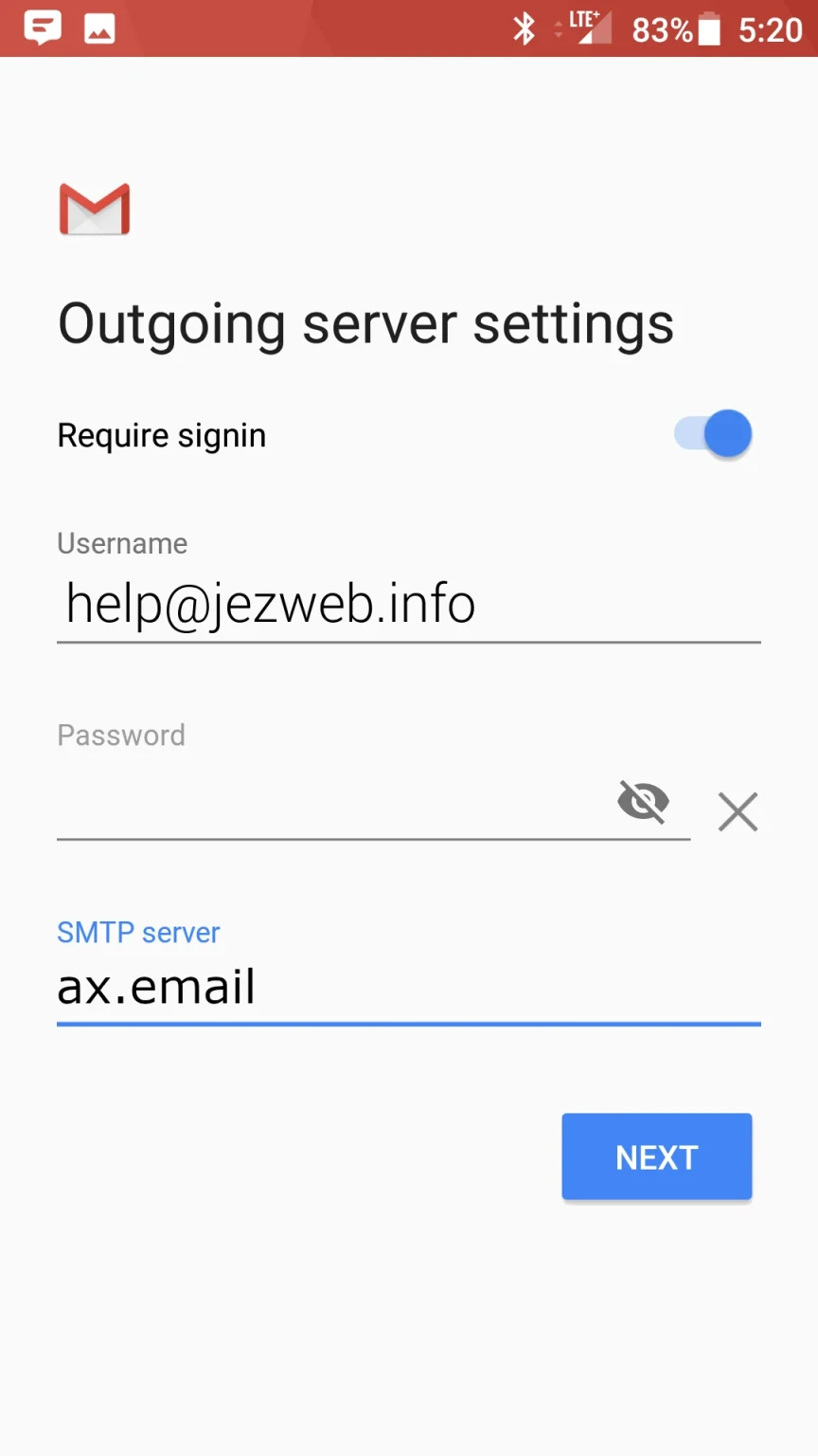 Outgoing server settings screen