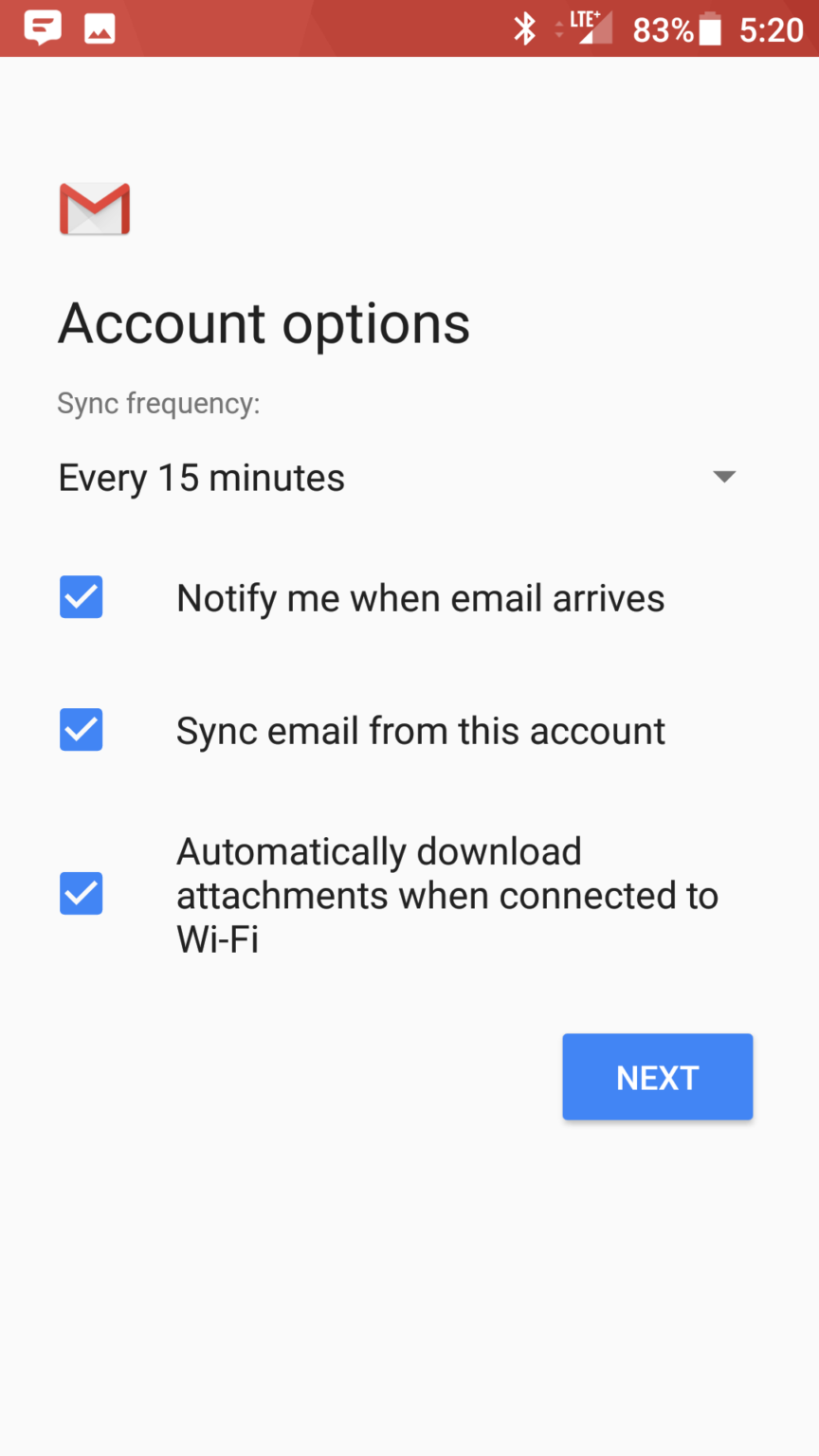Sync options screen